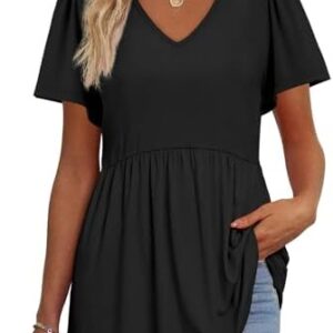 OFEEFAN Womens Summer Tops Babydoll Short Sleeve Shirts Puff Sleeve Peplum Tops V Neck T Shirts