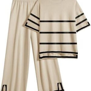 Ekouaer Lounge Set for Women Travel Outfits 2 Piece Sets Short Sleeve Sweater Top Wide Leg Long Pants Loungewear
