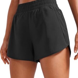 CRZ YOGA Womens High Waisted Running Shorts Mesh Liner 3'' Dolphin Quick Dry for Athletic Gym Track Workout with Zip Pocket