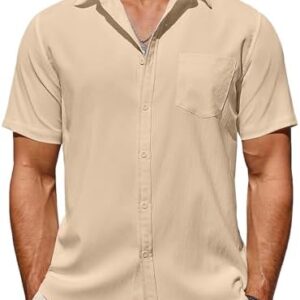 COOFANDY Men's Casual Summer Beach Wrinkle Free Shirts Short Sleeve Button Down Lightweight Untucked Textured Shirt
