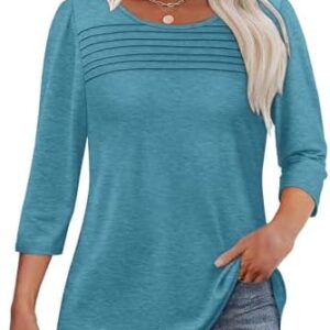 OFEEFAN Womens Tops 3/4 Length Sleeve Blouses Dressy Casual Spring Summer Outfits Pleated Front T Shirts Curved Hem