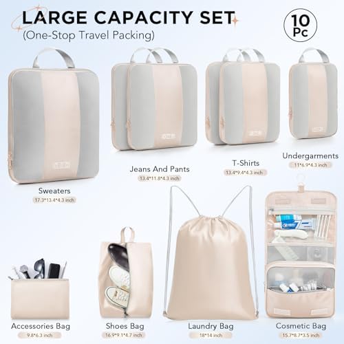 OlarHike 10 Set Compression Packing Cubes for Travel Women Mom,Luggage Clothes Storage Gifts for Travelers,Airplane/Cruise/Car/Train Travel Essentials,Compressible Expandable Saver Space Bags(Beige) - Image 2