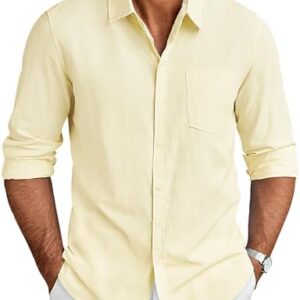 COOFANDY Men's Long Sleeve Button Down Shirts Casual Cotton Linen Shirts Summer Beach Shirt with Pocket