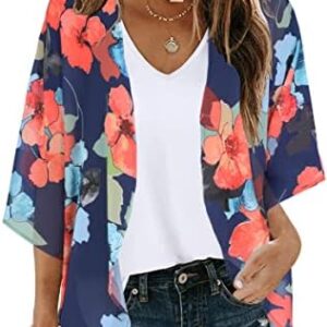 Women's Floral Print Puff Sleeve Kimono Cardigan Loose Cover Up Casual Blouse Tops