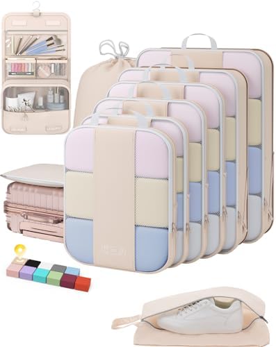 OlarHike 10 Set Compression Packing Cubes for Travel Women Mom,Luggage Clothes Storage Gifts for Travelers,Airplane/Cruise/Car/Train Travel Essentials,Compressible Expandable Saver Space Bags(Beige)