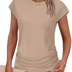 SAMPEEL Womens Summer Tops Trendy 2025 Ruched Cap Short Sleeve Tshirts Shirts Crew Neck T Shirts Fashion