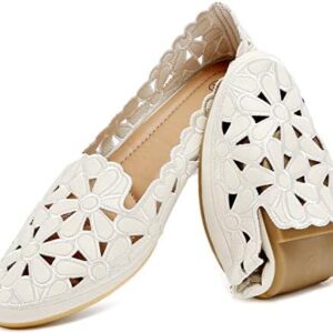 HEAWISH Women's Floral Ballet Flats for Women Black Beige Slip On Flowers PU Leather Round Toe Dress Shoes