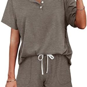 WIHOLL Two Piece Outfits for Women Lounge Sets Button Down Top and Shorts Set Sweatsuits with Pockets