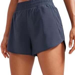 CRZ YOGA Womens High Waisted Running Shorts Mesh Liner 3'' Dolphin Quick Dry for Athletic Gym Track Workout with Zip Pocket