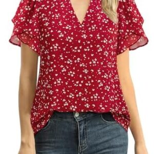 Lotusmile Womens Dressy Chiffon Blouses Summer Puff Petal Short Sleeve Shirts V Neck Casual Work Tops