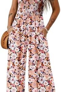 Dokotoo Women's Casual Loose Overalls Jumpsuits One Piece Sleeveless Printed Wide Leg Long Pant Rompers With Pockets