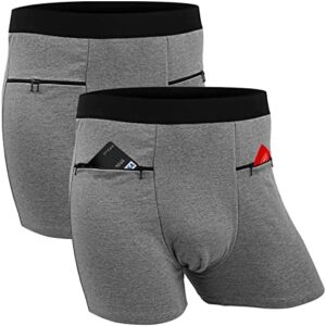 Men's Boxer Briefs Secret Hidden Pocket, Travel Underwear with Secret Front Stash Pocket Panties (Gray) - 2 Packs