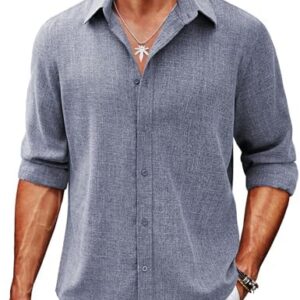 COOFANDY Men's Long Sleeve Button Down Linen Shirt Casual Untucked Chambray Shirt Wrinkle Free Wedding Shirts