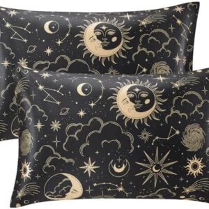 EXQ Home Satin Pillowcase for Hair and Skin Queen - Black Printed Silk Pillowcase 2 Pack 20x30 inches - Satin Pillow Cases Set of 2 with Envelope Closure, Gifts for Women Men