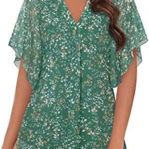 Timeson Women's Short Sleeve V Neck Blouses Shirts Floral Double Layers Mesh Tunics Tops
