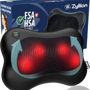 Zyllion Shiatsu Back and Neck Massager with Heat (FSA HSA Eligible) Cordless Rechargeable 3D Kneading Deep Tissue Massage Pillow for Chair, Car, Muscle Pain Relief on Shoulders, Legs, Foot (ZMA-13RB)