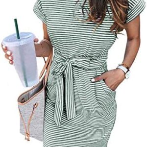 MEROKEETY Women's Summer Striped Short Sleeve T Shirt Dress Casual Tie Waist with Pockets