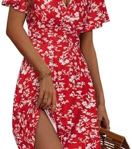FENSACE Womens Sundress Summer Floral Short Sleeve Wrap V Neck A-Line Midi Dress