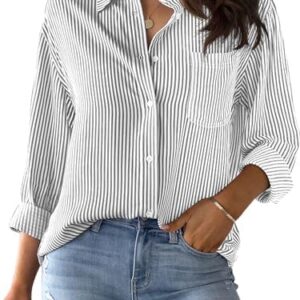 CUNLIN Grade 4 Wrinkle-Resistant Women's Button Down Shirts Striped Long Sleeve Collared Blouses Tops with Pocket