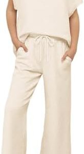Haloumoning Girls' Clothing Sets Kids Fashion Short Sleeve Crew Neck Tops Wide Leg Pants Sweatsuit with Pocket 5-14Y