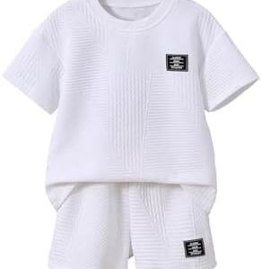 Verdusa Toddler Boy's Casual 2 Piece Outfit Letter Patched Round Neck Tee Top and Elastic Waist Track Bermuda Shorts