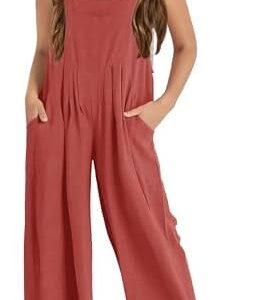 Haloumoning Girls Overalls Kids Casual Sleeveless Wide Leg Jumpsuit Loose Rompers with Pockets 5-14 Years