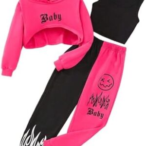 Hilinker Girls Graphic 3 Piece Outfits Workout Crop Hoodie Ribbed Tank and Sweatpants Set