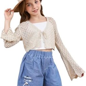 Milumia Girl's Tie Front Crochet Cardigan Hollow Out Long Sleeve Knit Crop Cover Up Top