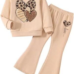 Toddler Girl Suit Heart Graphic Print Set - Sweatshirt & Flared Pants - 2 Piece Girls Pant Outfits (3-7 T)