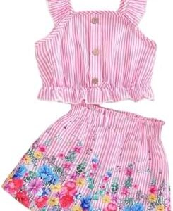 Kids Toddler Girls Summer Clothes Button Design Striped Tank Top + Floral-Print Elastic Shorts 2 Piece