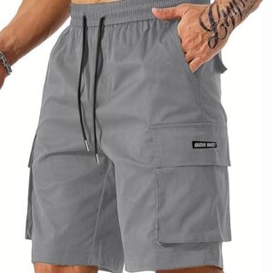 Mens Cargo Shorts Elastic Waist Running Hiking Bermuda Shorts Knee Length Casual Summer Clothes with Multiple Pockets